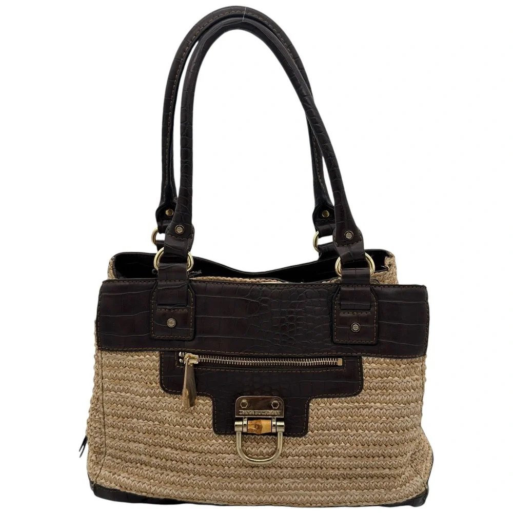 Dana Buchman Straw Raffia Shoulder Bag Brown Croc Leather Satchel Tote